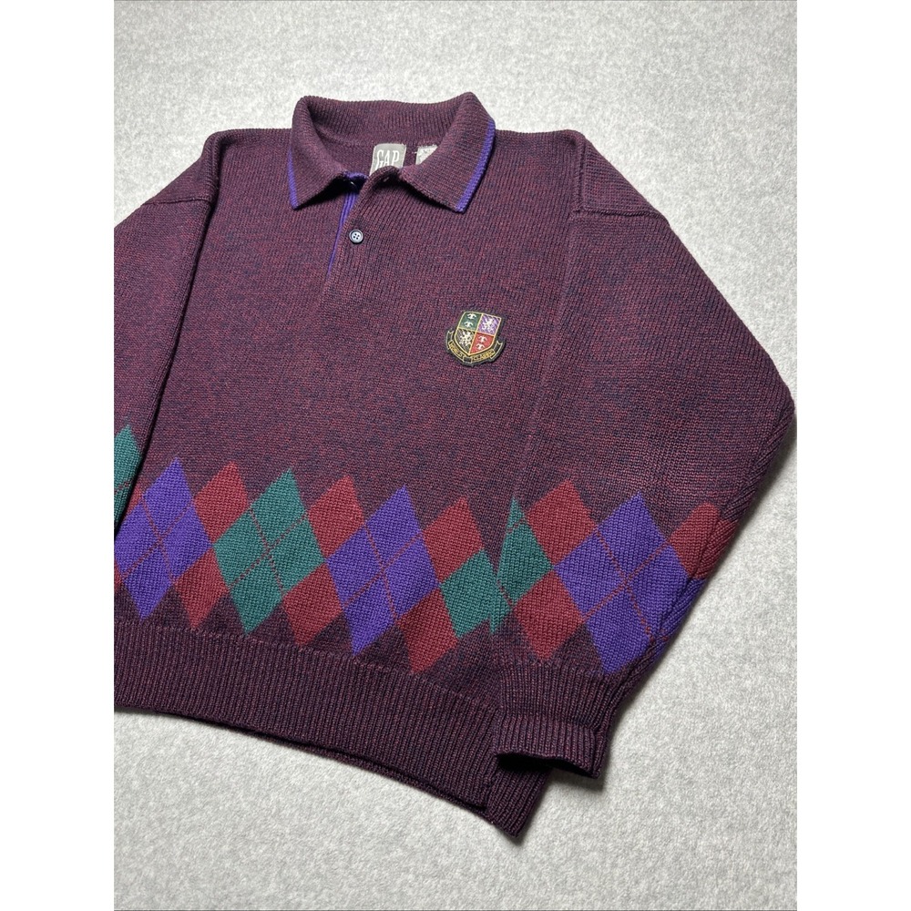Vintage‎ GAP Wool Argyle Rugby Preppy Classic Sweater Men's Large Burgundy Crest